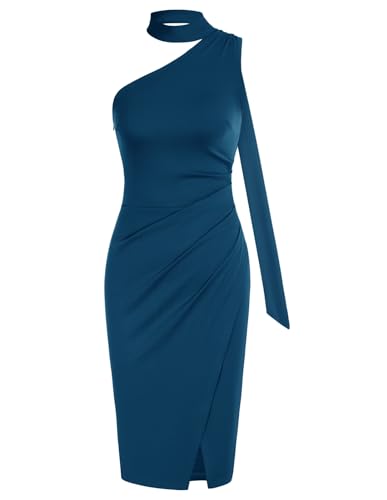 Vintage Christmas Tie Shoulder 50s Dress Blue-Green M