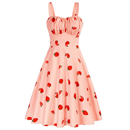 Women's Strawberry Print Halter A-Line Swing Midi Dress