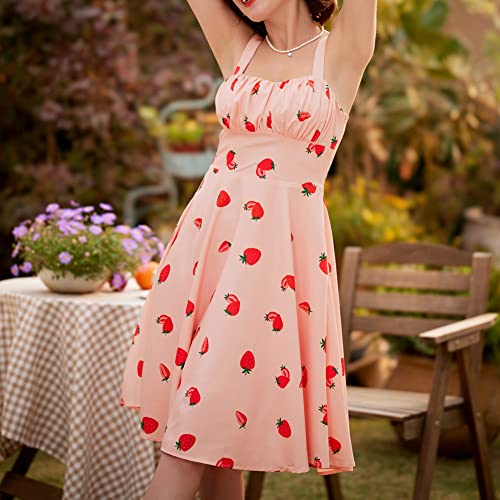 Women's Strawberry Print Halter A-Line Swing Midi Dress