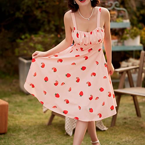 Women's Strawberry Print Halter A-Line Swing Midi Dress