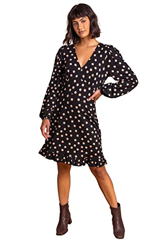 Roman Originals Tea Dress - Long Sleeve, Fit & Flare - Black Beige, Size 16