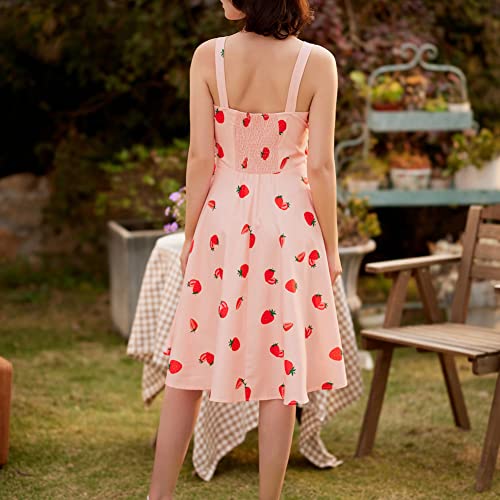 Women's Strawberry Print Halter A-Line Swing Midi Dress