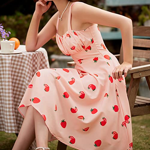 Women's Strawberry Print Halter A-Line Swing Midi Dress