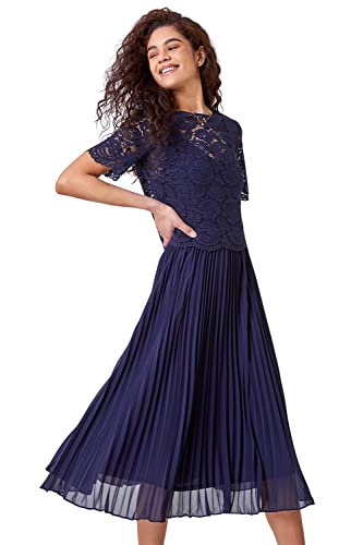 Lace Pleated Womens Swing Dress - Navy - Size 18