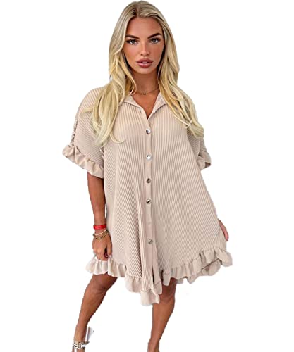 Gold Button Pleated Short Sleeve Collared Frill Dress