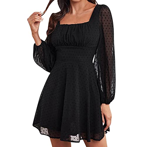 Elegant Square Collar Black Swing Dress - XS~XXXL