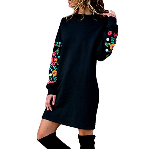 Vintage Black Floral Embroidery Sweatshirt Dress