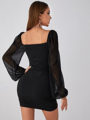 Women's Vintage Contrast Mesh Bodycon Mini Dress - Black