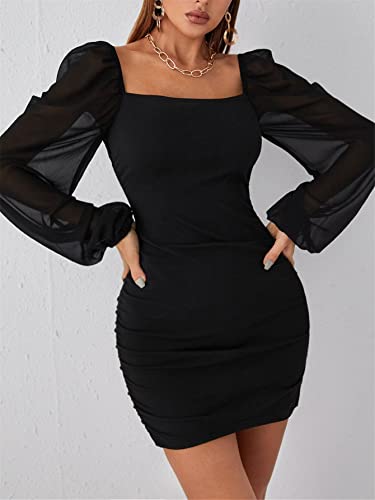 Women's Vintage Contrast Mesh Bodycon Mini Dress - Black