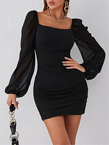 Women's Vintage Contrast Mesh Bodycon Mini Dress - Black