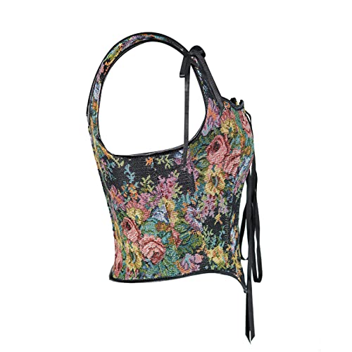 Black Floral Retro Camisole with Drawstring Tie-Up (X-Large)