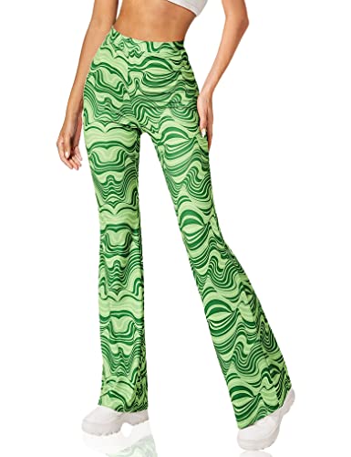 SOLY HUX Retro Flare Pants - Green Print, Size L