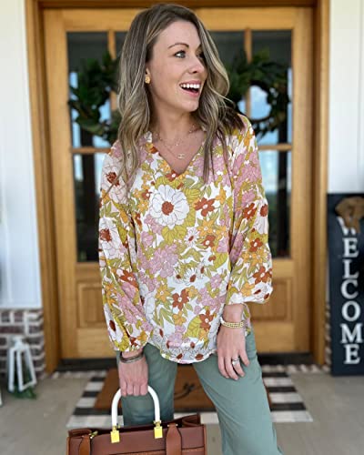Boho Floral Blouse: V-Neck, Long Puff Sleeves