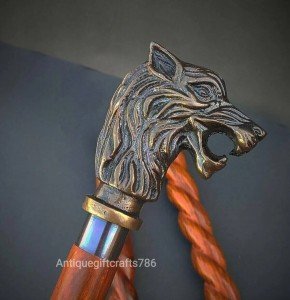 Wolf Head Handle Wooden Walking Stick - Vintage Gift