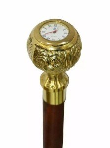 Vintage Brass Clock Handle Wooden Walking Stick Cane