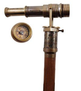 Vintage Brass Telescope Walking Stick with Compass