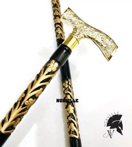 Handmade Carved Vintage Wooden Walking Stick with Brass Handle