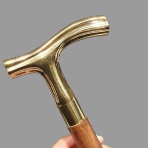 Vintage Wooden Walking Cane with Brass Handle