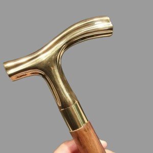 Antique Wooden Walking Cane with Brass Handle