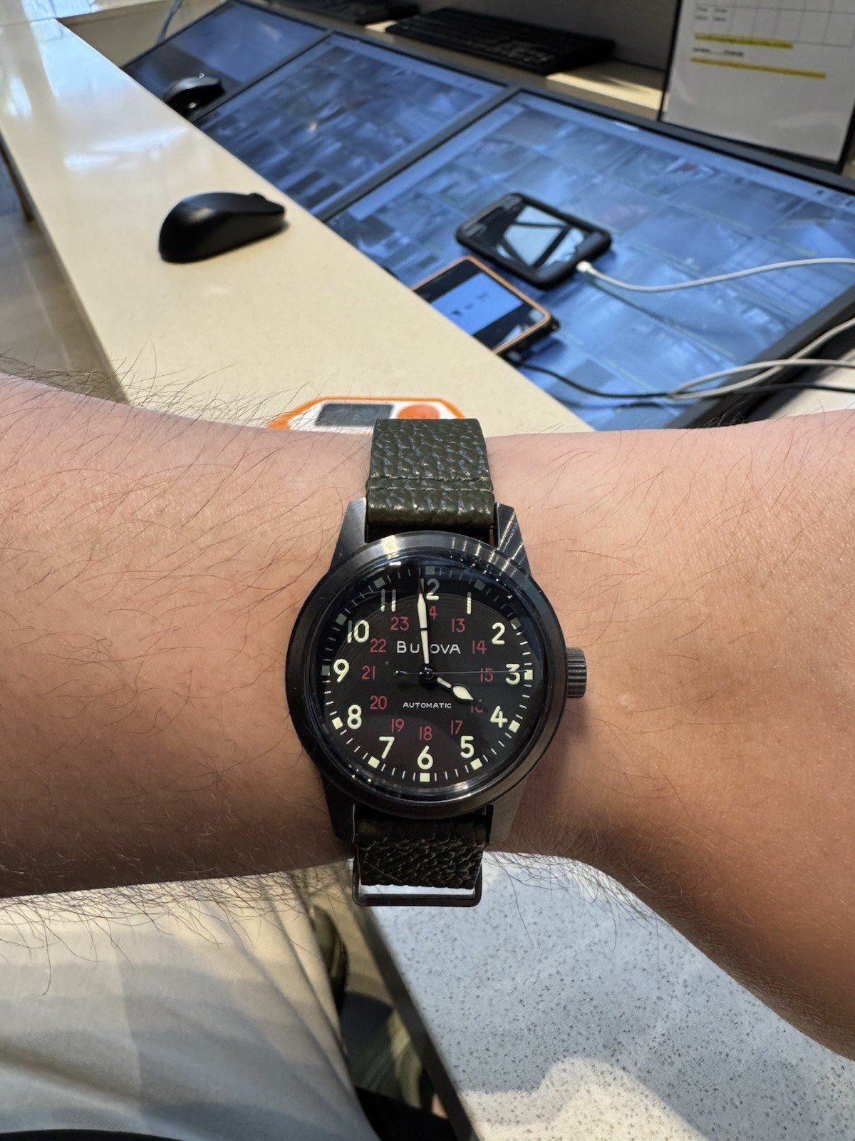 Bulova Hack 38MM Black Dial Leather Strap Watch