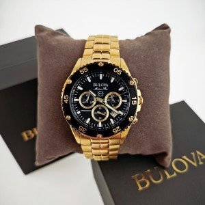 Bulova Marine Star Black Dial Gold Band Watch