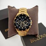 Bulova Marine Star Black Dial Gold Band Watch