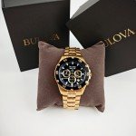 Bulova Marine Star Black Dial Gold Band Watch