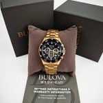 Bulova Marine Star Black Dial Gold Band Watch