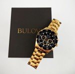 Bulova Marine Star Black Dial Gold Band Watch