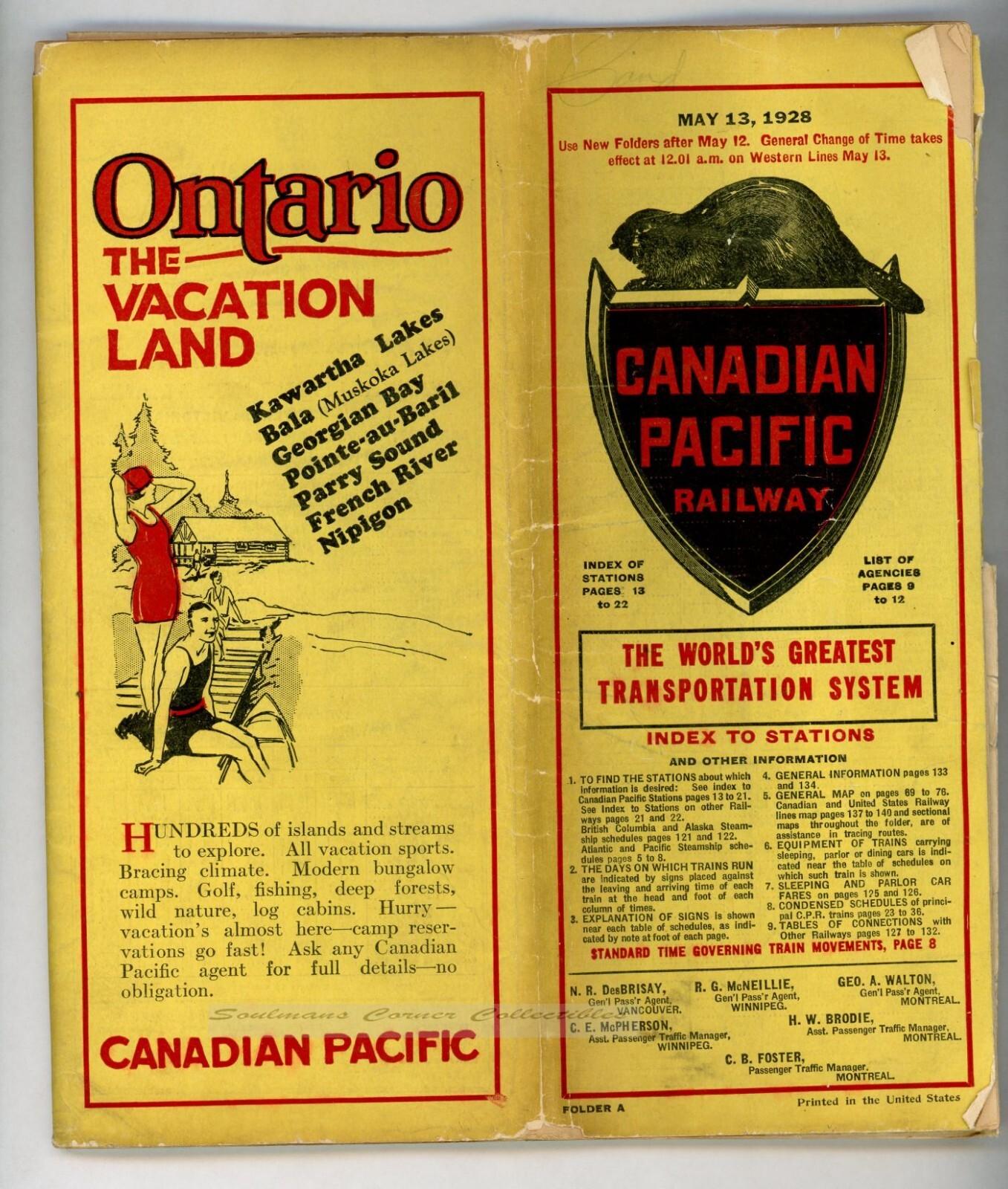 Rare 1928 Canadian Pacific Railway Timetable Booklet