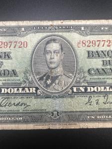1937 One Dollar Banknote from Bank of Canada