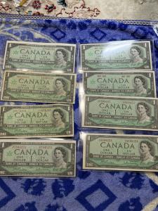Lot of 8 Vintage Canadian Dollar Banknotes