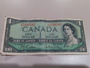 Vintage 1954 Canadian One Dollar Bill QEII