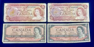 Set of 4 Vintage Canada $2 Bank Notes