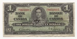 1937 Canadian $1 Bill Banknote from Ottawa