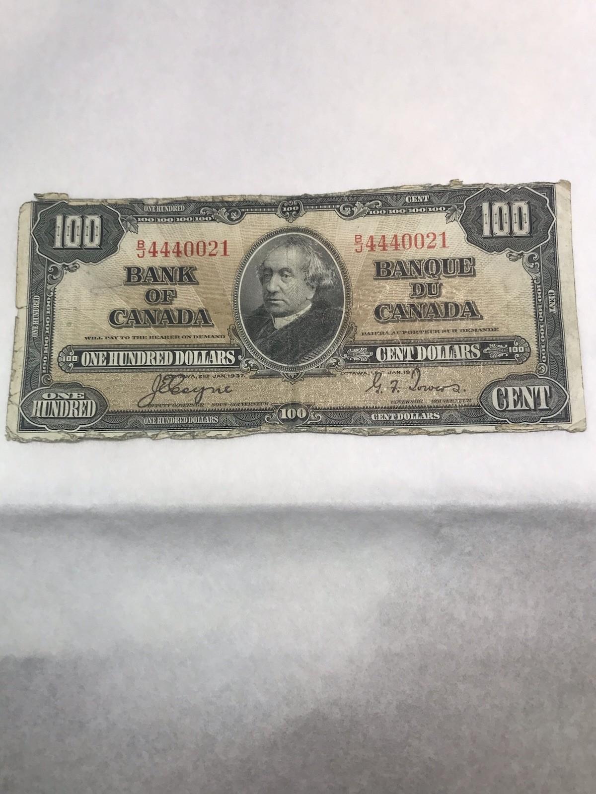 1937 Bank of Canada $100 Vintage Note