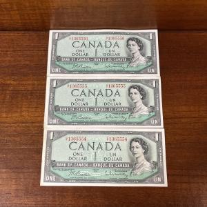 Set of 3 Vintage 1954 Canada One Dollar Bills