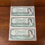Set of 3 Vintage 1954 Canada One Dollar Bills