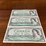 Set of 3 Vintage 1954 Canada One Dollar Bills