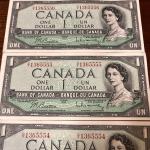 Set of 3 Vintage 1954 Canada One Dollar Bills