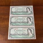 Set of 3 Vintage 1954 Canada One Dollar Bills