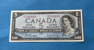 1954 Canadian Five Dollar Bill Featuring Queen Elizabeth
