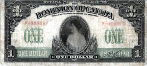 1917 Vintage Canadian One Dollar Banknote