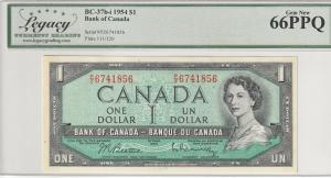 Vintage Bank of Canada One Dollar Note MS-66