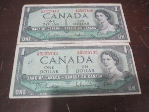 Set of 2 Vintage 1954 Canadian Dollar Bills