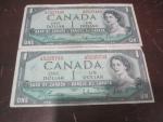 Set of 2 Vintage 1954 Canadian Dollar Bills