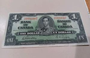 1937 Canadian $1 Banknote Vintage Money Collector's Item