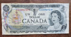 1973 Canadian One Dollar Bill Queen Elizabeth II