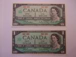 Set of 5 Vintage Canadian One Dollar Notes