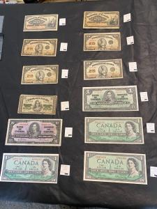 Lot of 12 Vintage Canadian Banknotes and Coins